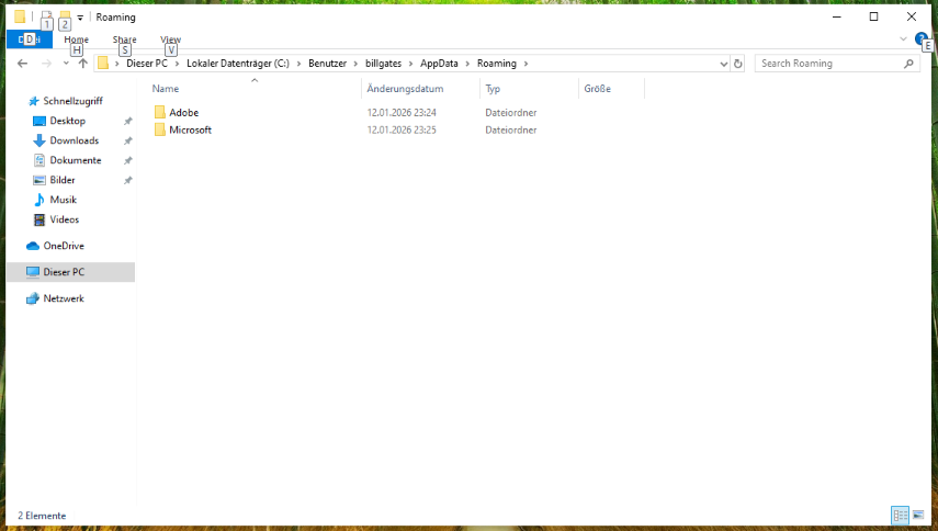 Ein Screenshot vom Windows Datei-Explorer, nachdem dieser zu dem %APPDATA%-Ordner navigiert hat