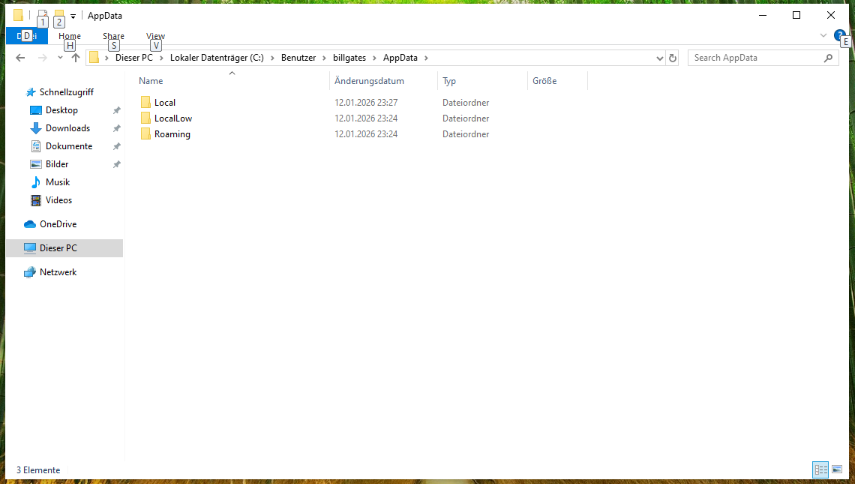 Ein Screenshot vom Windows Datei-Explorer, nachdem der/die Benutzer:in einen Ordner über dem %APPDATA%-Ordner navigiert hat