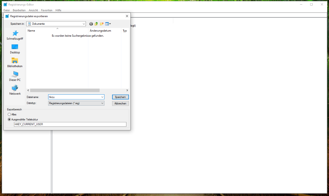 Ein Screenshot von der Dateiauswahl, bei der man angeben kann, wo man die Sicherung der Registry ablegen will