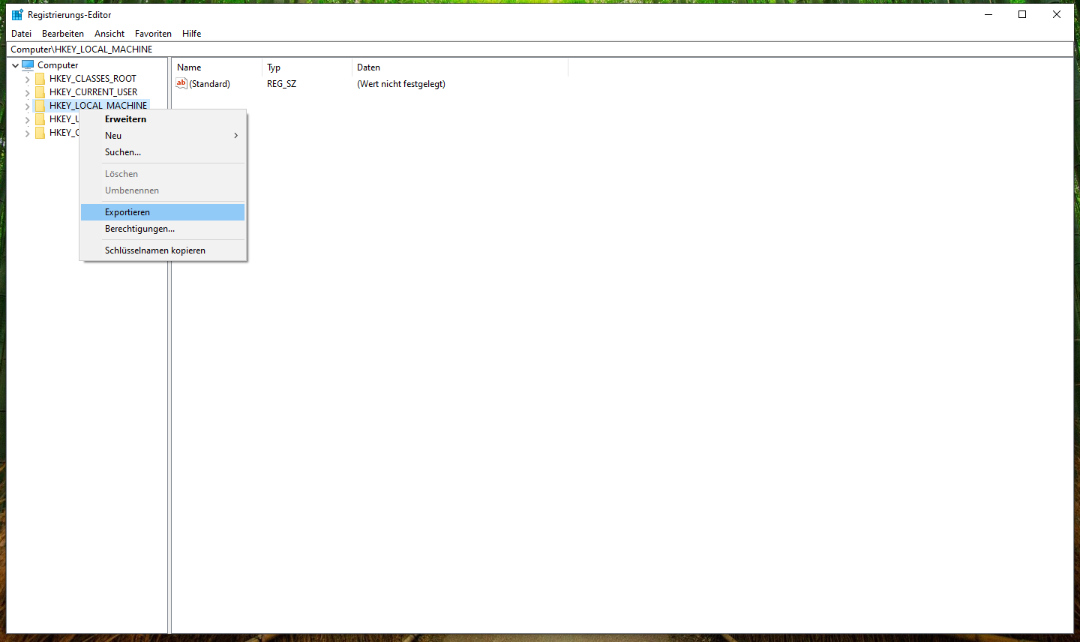 Ein Screenshot vom Registrierungseditor, nachdem das Kontextmenü des Schlüssels HKEY_LOCAL_MACHINE aufgeklappt wurde, und dort die Option Exportieren ausgewählt wurde