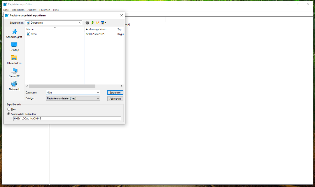 Ein Screenshot von der Dateiauswahl, bei der man angeben kann, wo man die Sicherung der Registry ablegen will