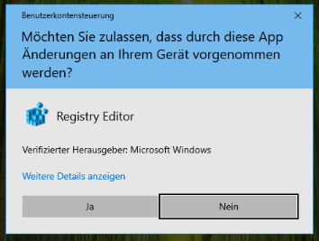 Ein Screenshot vom Bestätigungsfenster, ob man den Registrierungseditor als Administrator ausführen möchte
